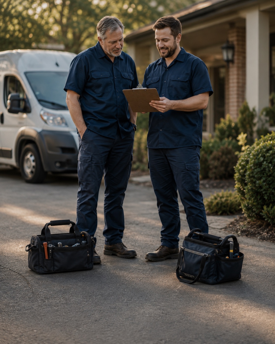 Utah Energy Pros team members reviewing a job checklist in a residential driveway
