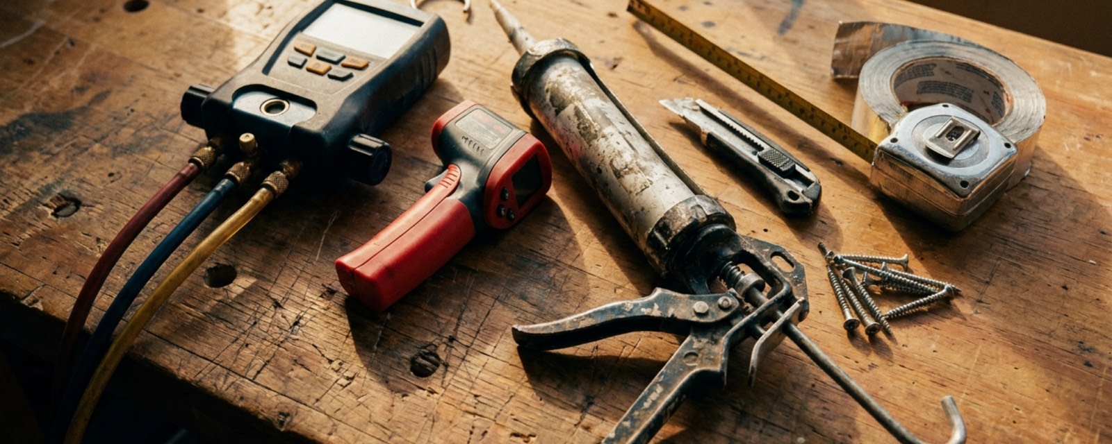Home energy audit tools on a workbench