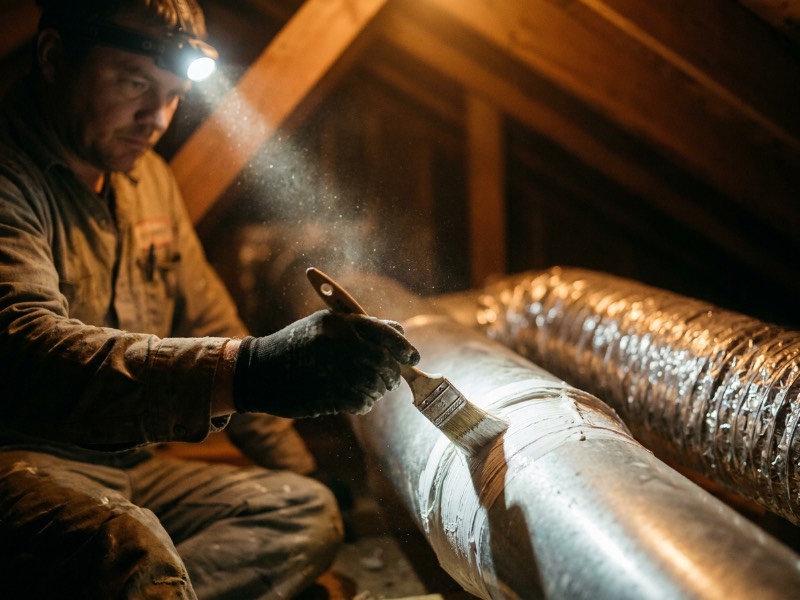 Technician sealing a duct joint with mastic in an attic