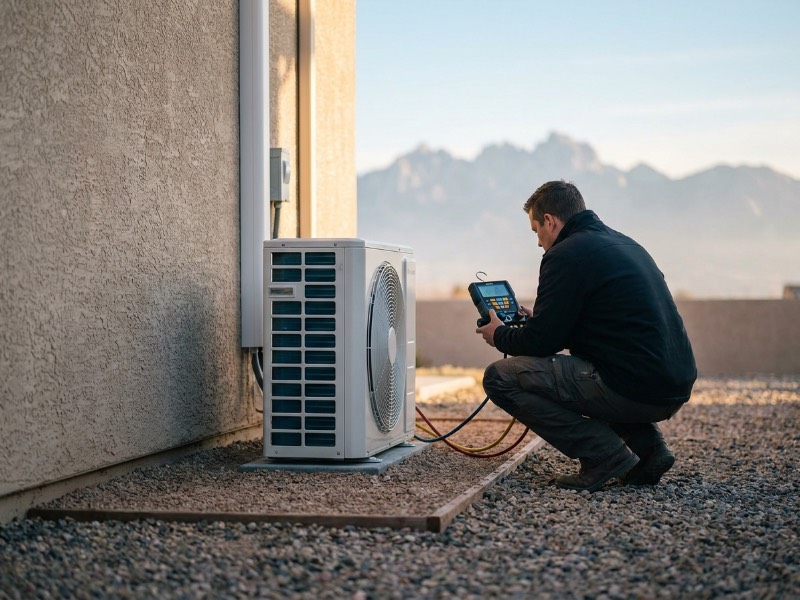 Technician checking an outdoor heat pump unit with a manifold gauge