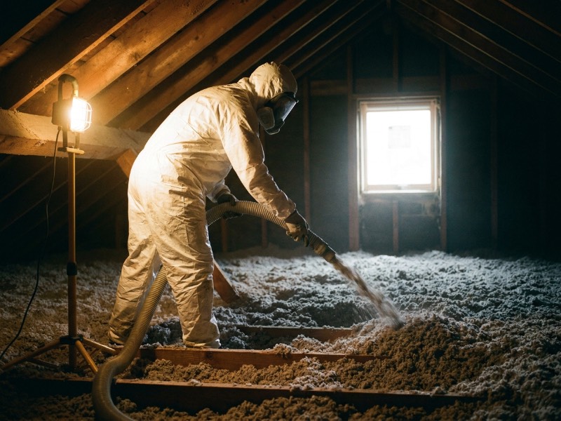 Worker blowing insulation across attic joists