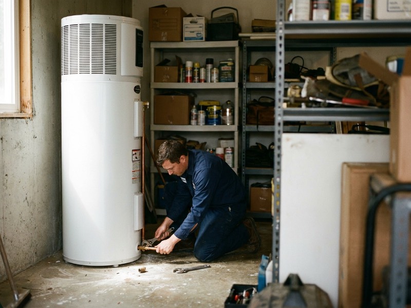 Technician installing a hybrid heat pump water heater in a garage