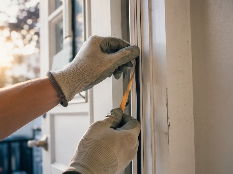 Installers fitting new weatherstripping along a door frame